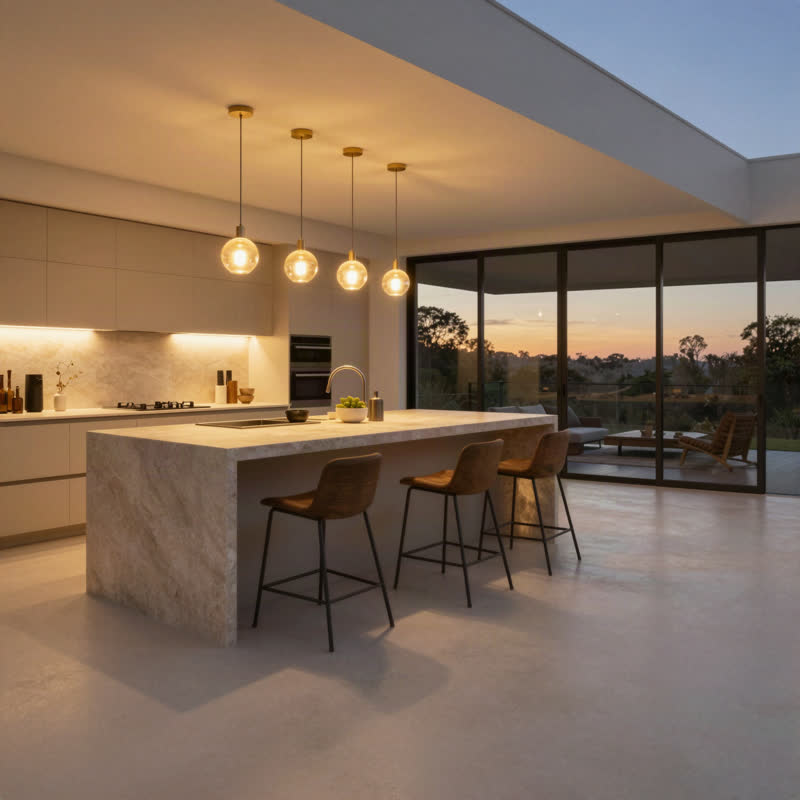 Warm pendant lighting over kitchen island